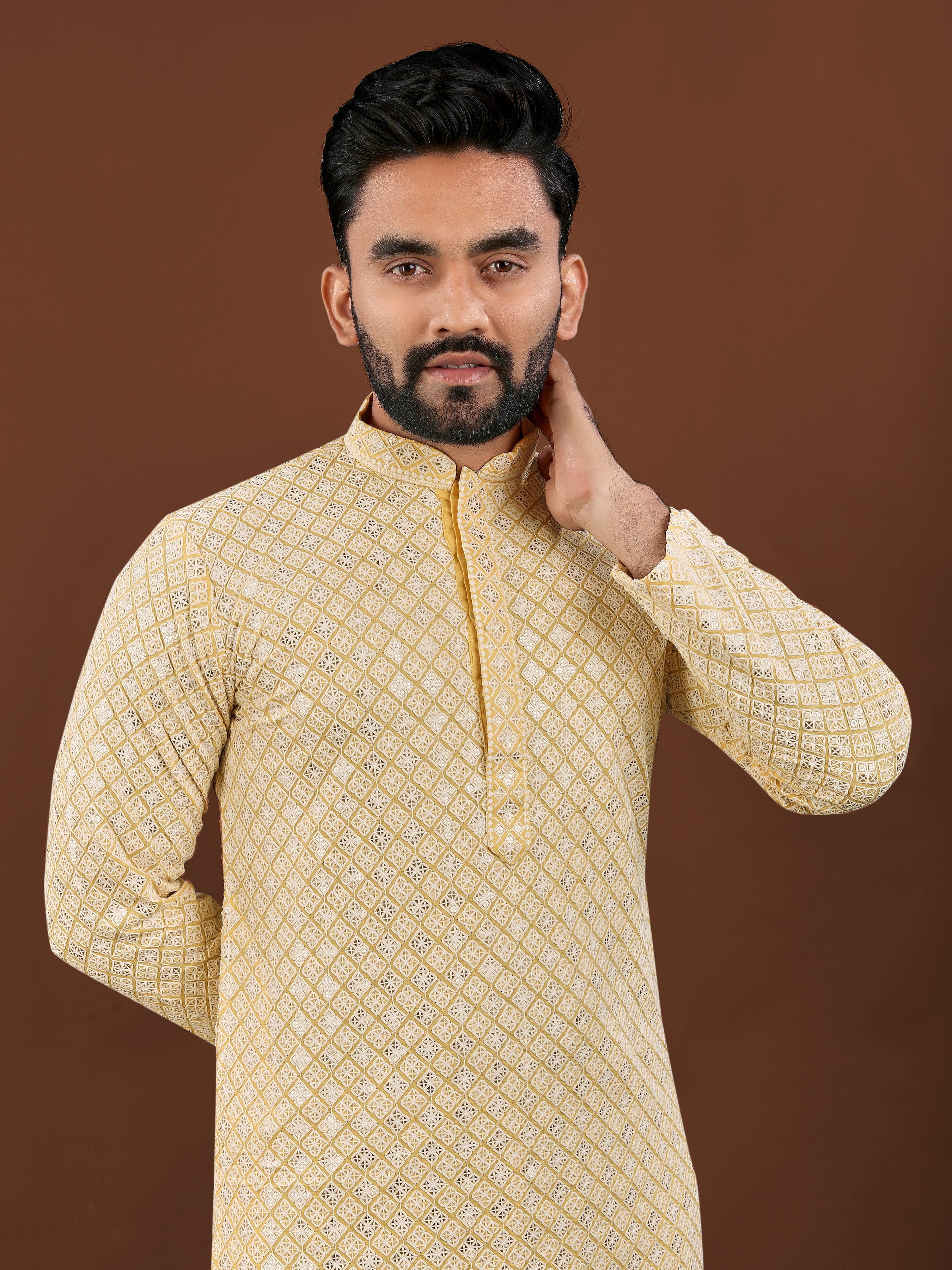 Heavy Rayon With Lucknowi Work Kurta Pajama Set For Men's