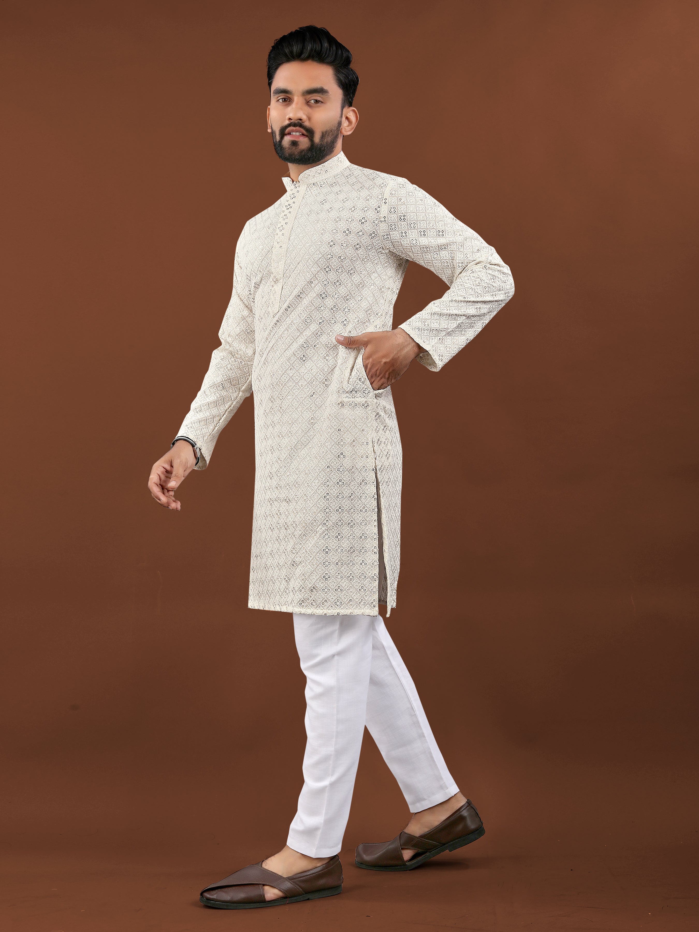 Heavy Rayon With Lucknowi Work Kurta Pajama Set For Men's
