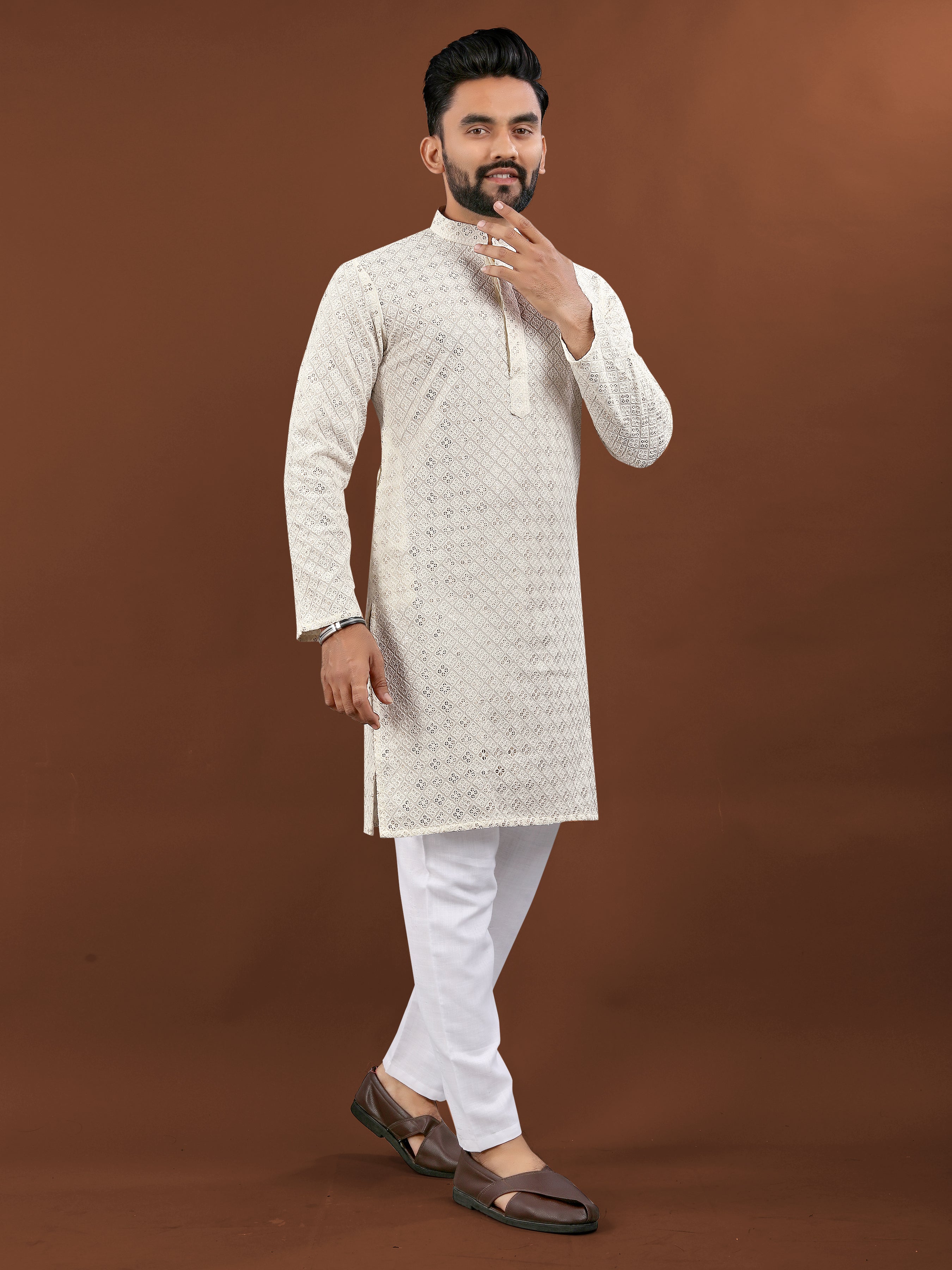 Heavy Rayon With Lucknowi Work Kurta Pajama Set For Men's