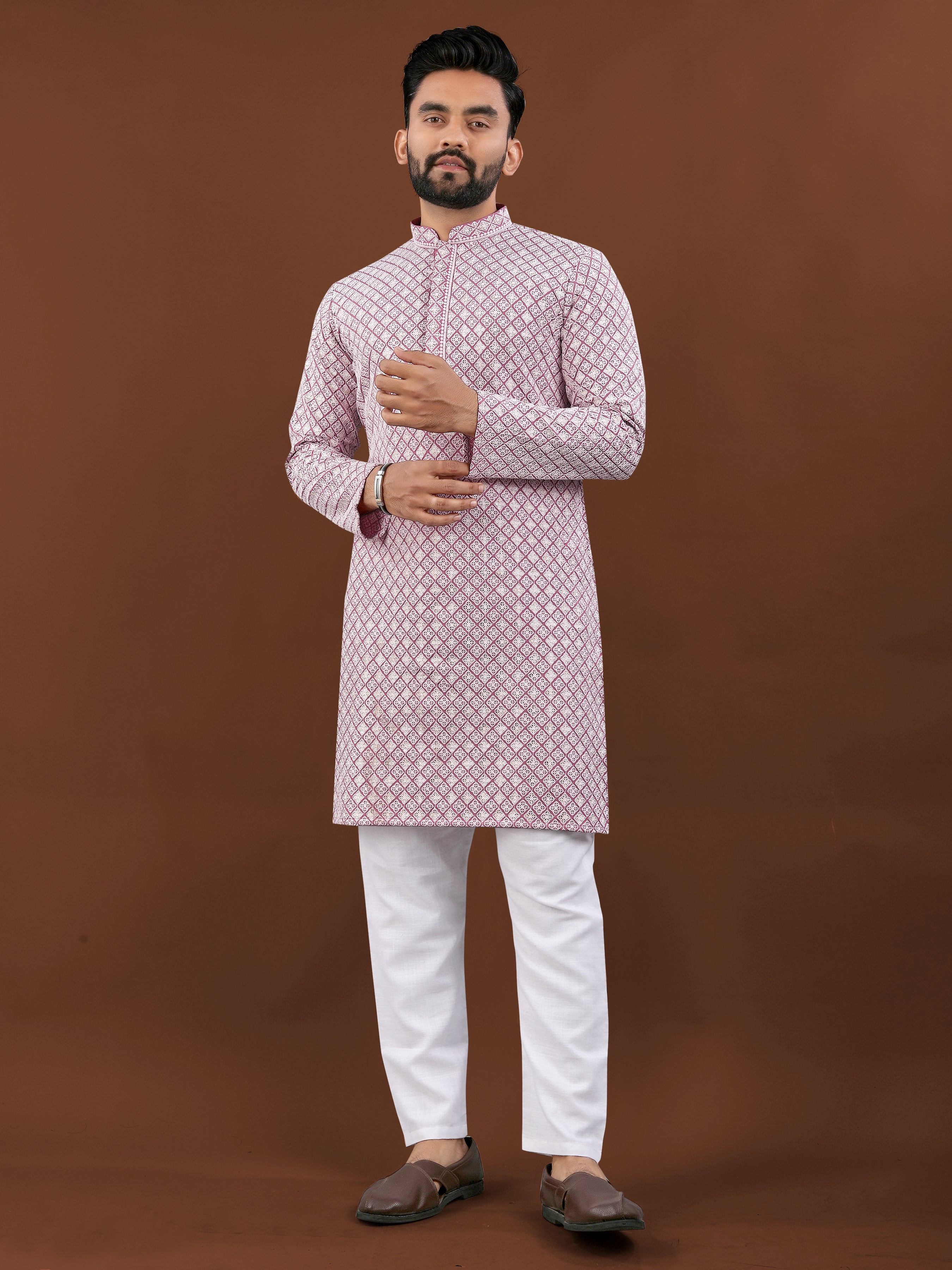 Heavy Rayon With Lucknowi Work Kurta Pajama Set For Men's