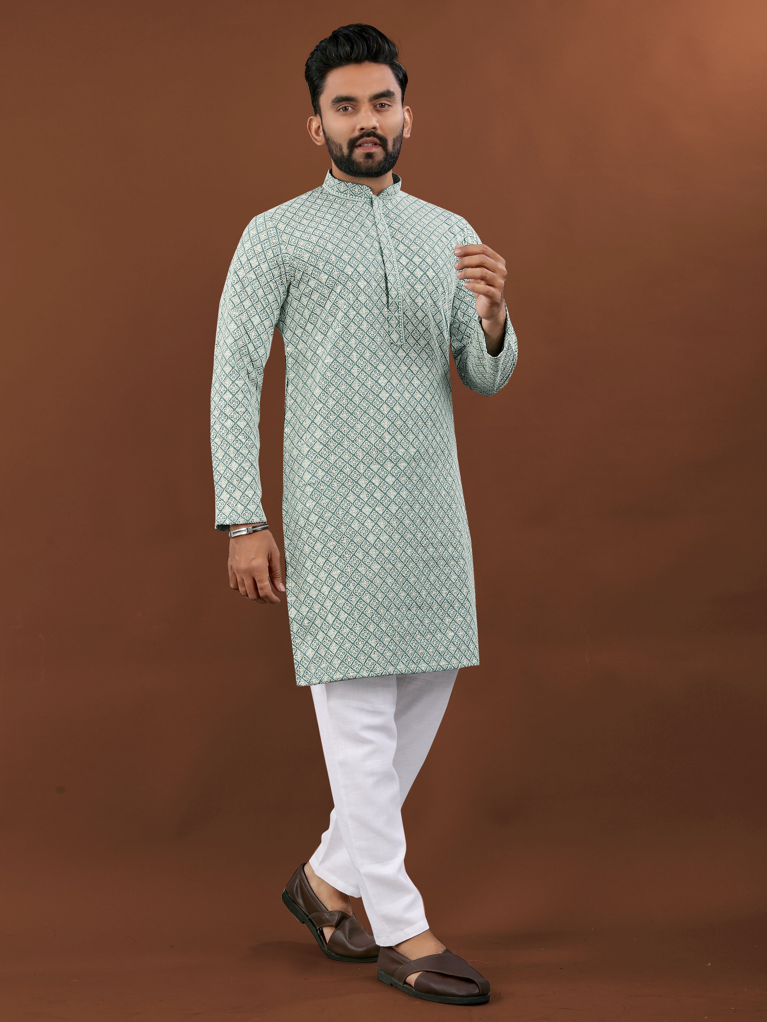 Heavy Rayon With Lucknowi Work Kurta Pajama Set For Men's