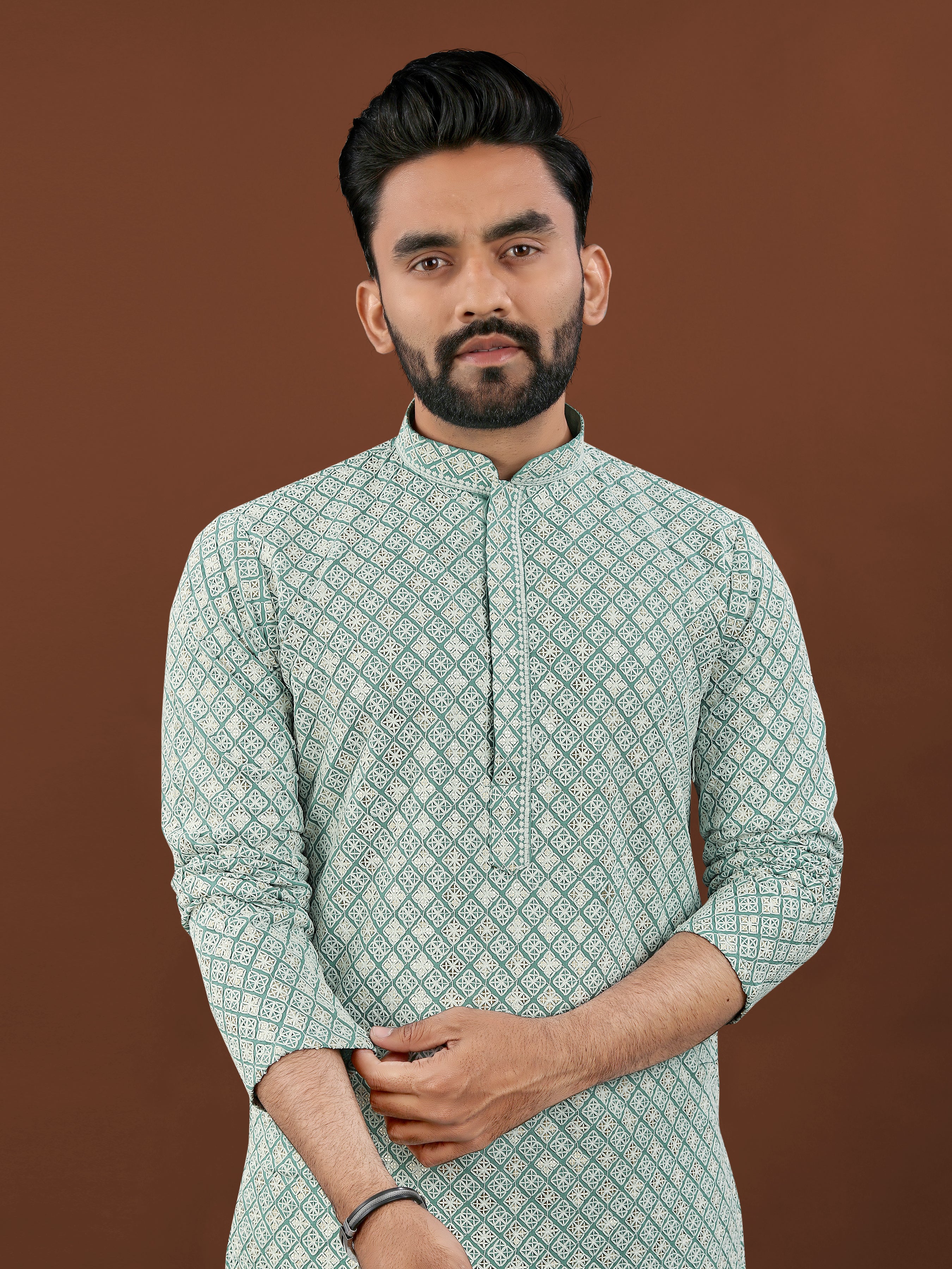 Heavy Rayon With Lucknowi Work Kurta Pajama Set For Men's