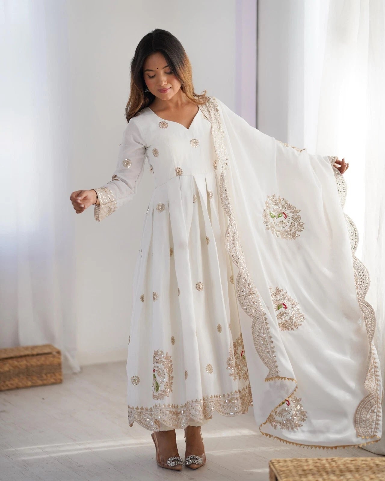 Traditional Designer Chinon Full Stitched Long Anarkali Gown With Dupatta