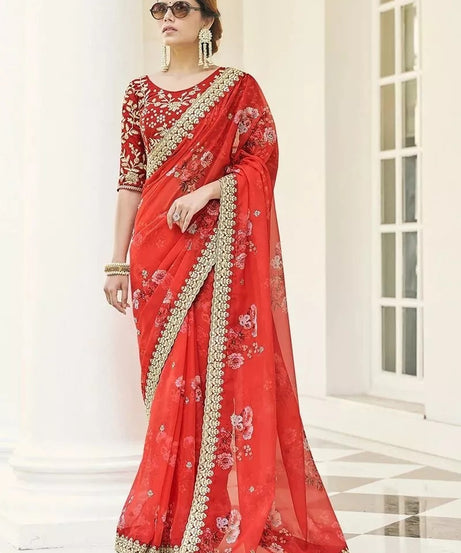 Soft Vichitra Silk Embroidery Sequence Work Saree With Blouse