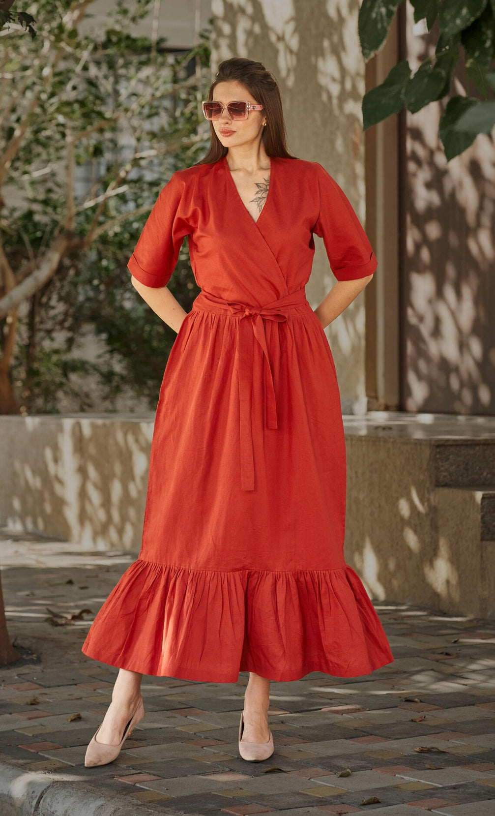 Linen V- Neck half Sleeve With Adjustable Maxi Dress