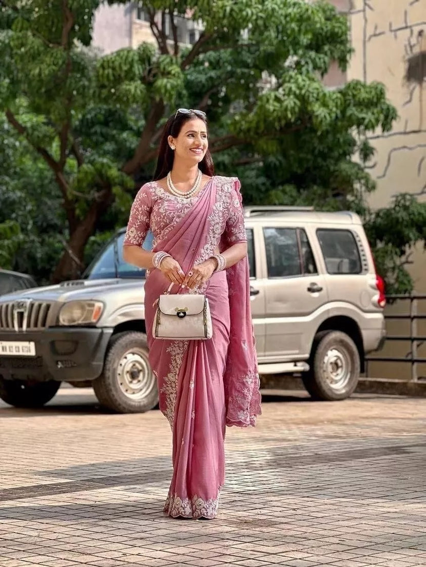 Pink Pure Chinon Silk With Embroidery Work Sari & Blouse