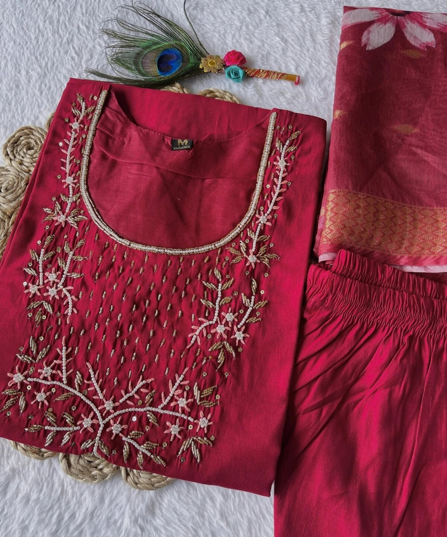 Premium Roman Silk Designers Kurti Pent Dupatta Set