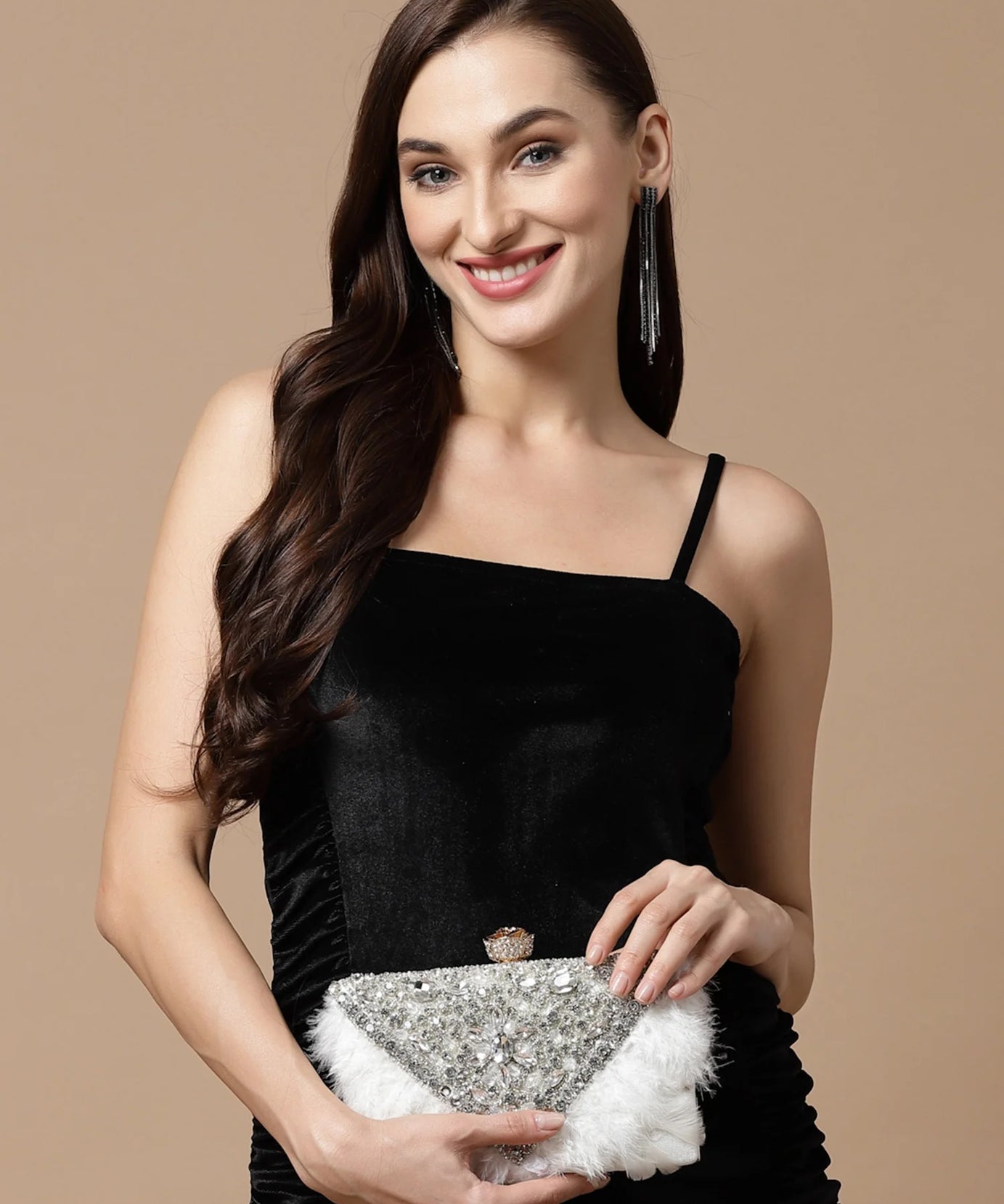 Feather Stone Work Embellished Velvet Box Clutch