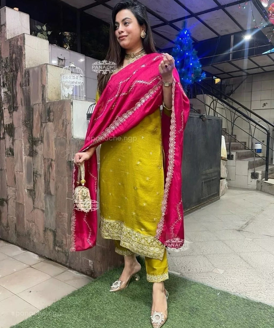 Function Beautiful Full Stitched Heavy Pure Chinon Kurti Bottom Dupatta