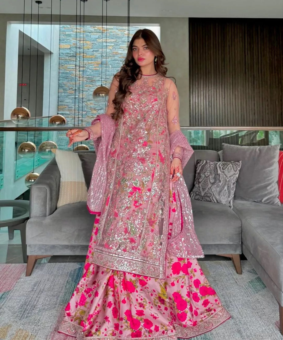 Butterfly Net With Thread & Sequence Work Bollywood Style Top Lehenga & Dupatta