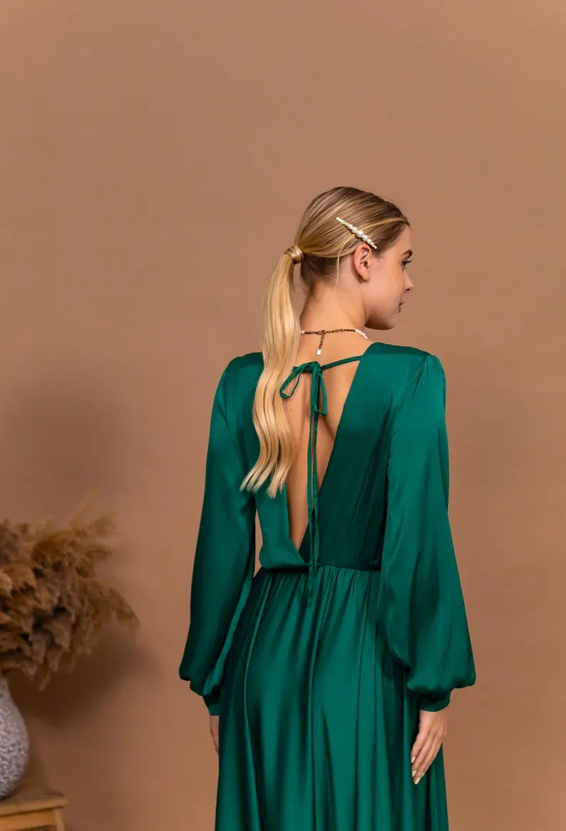 Satin Open Back Dress Emerald Green Evening Dress