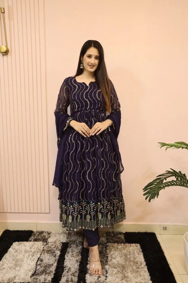 Ethnic Designer Stylish Stitched Faux Georgette Long Anarkali Gown Dupatta
