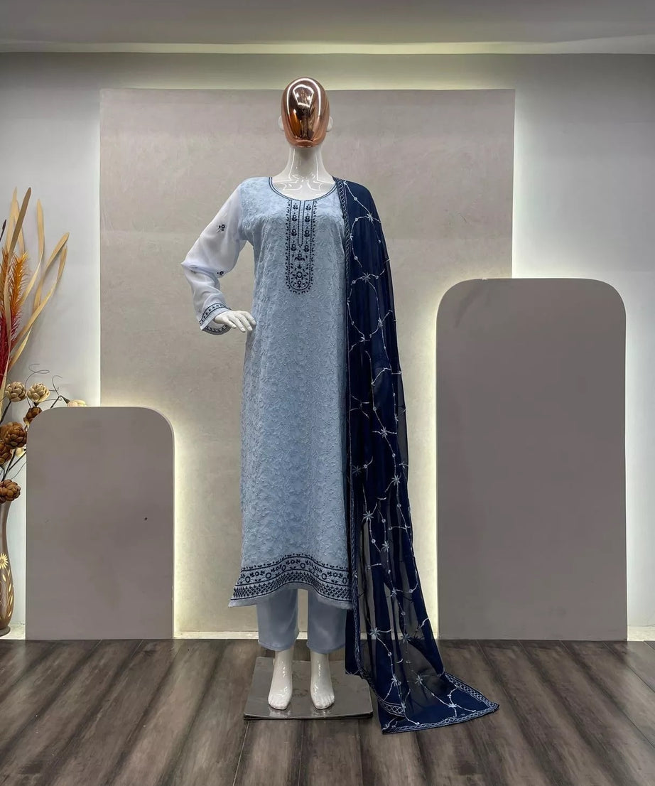 New Festival Stitched Faux Georgette With Embroidery Work Top Pant & Dupatta