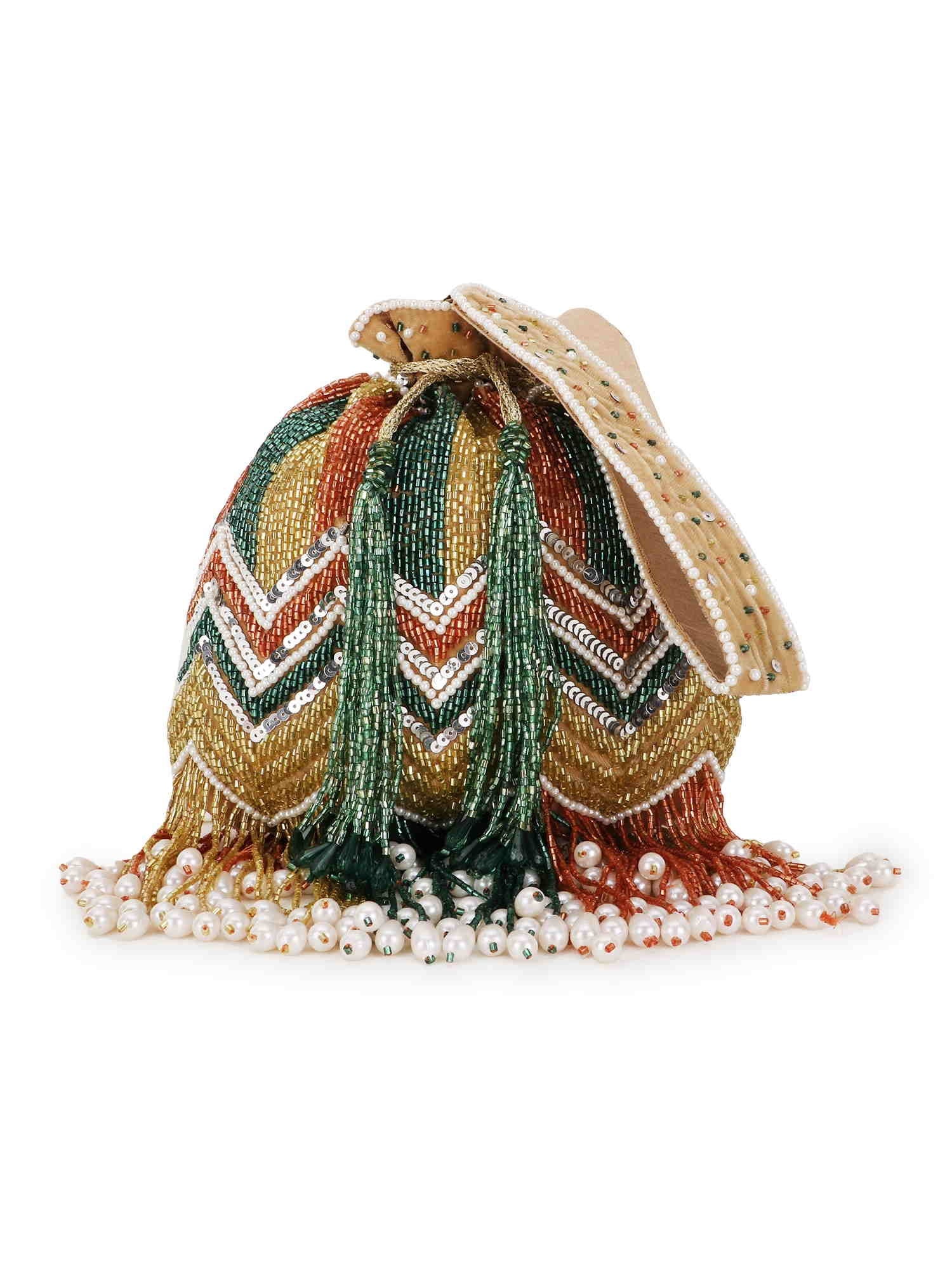 Dangle Chevron Embellished Velvet Potli Bag