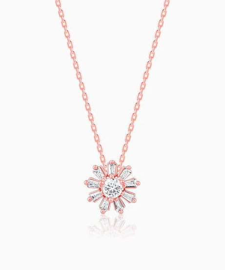 Rose Gold Baguette Flower Pendant with Link Chain