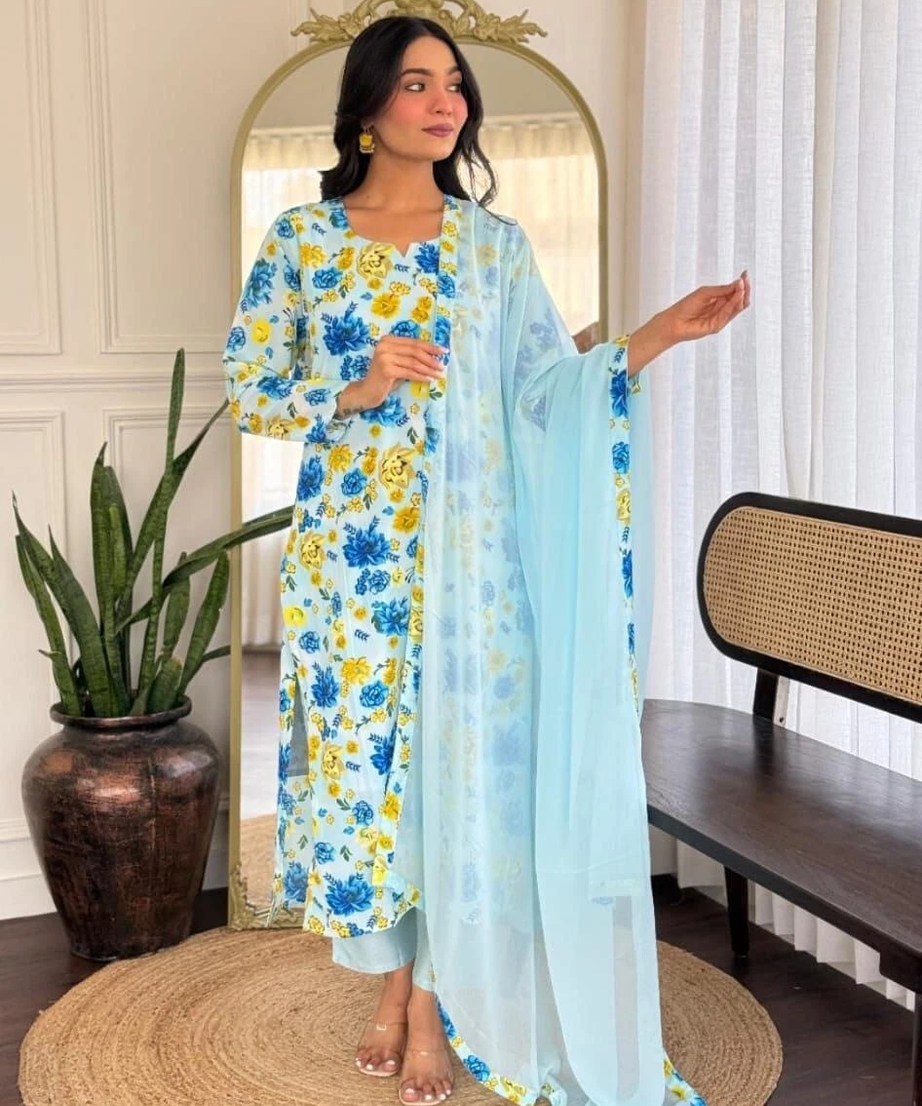 Beautiful Women's Georgette & Print Work Top Bottom & Dupatta Set 12-BS
