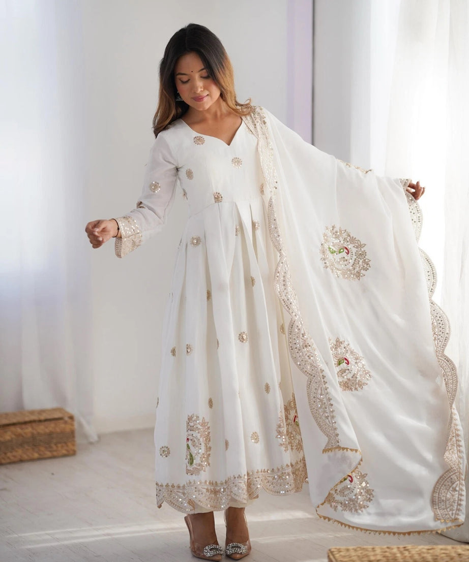 Chinon With Embroidery Sequence Work Anarkali Gown With Dupatta