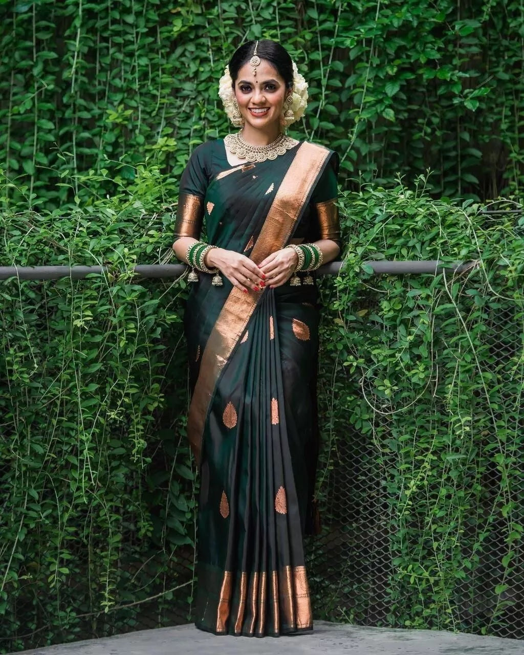 Dark Green Soft Lichi Silk Indian Beautiful Saree Blouse