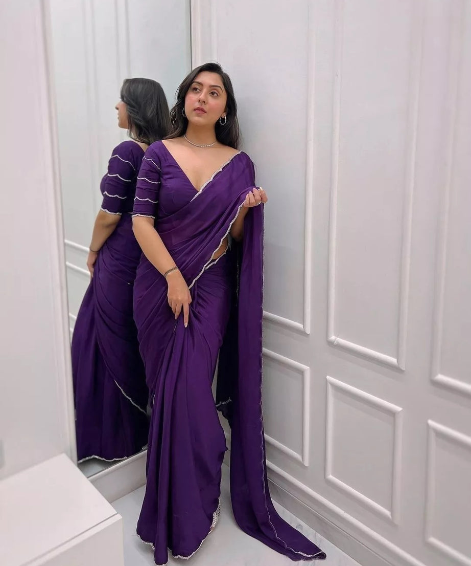 Soft Rich Elegant Chinon With Stone Bead Work Saree & Blouse