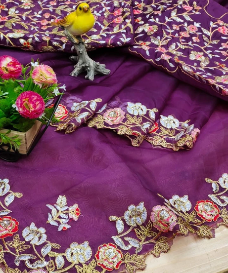 Organza Silk,Sequince & Zari Thread Designer Party Wear Saree & Blouse 11-RV