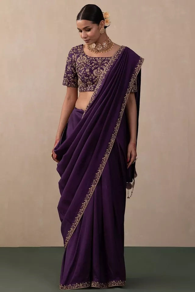 Two Tone Vichitra Silk  Multi Thread Embroidery Work Saree With Blouse
