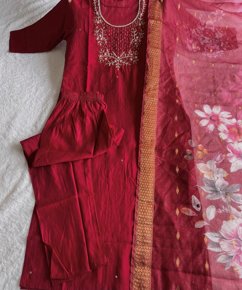 Premium Roman Silk Designers Kurti Pent Dupatta Set