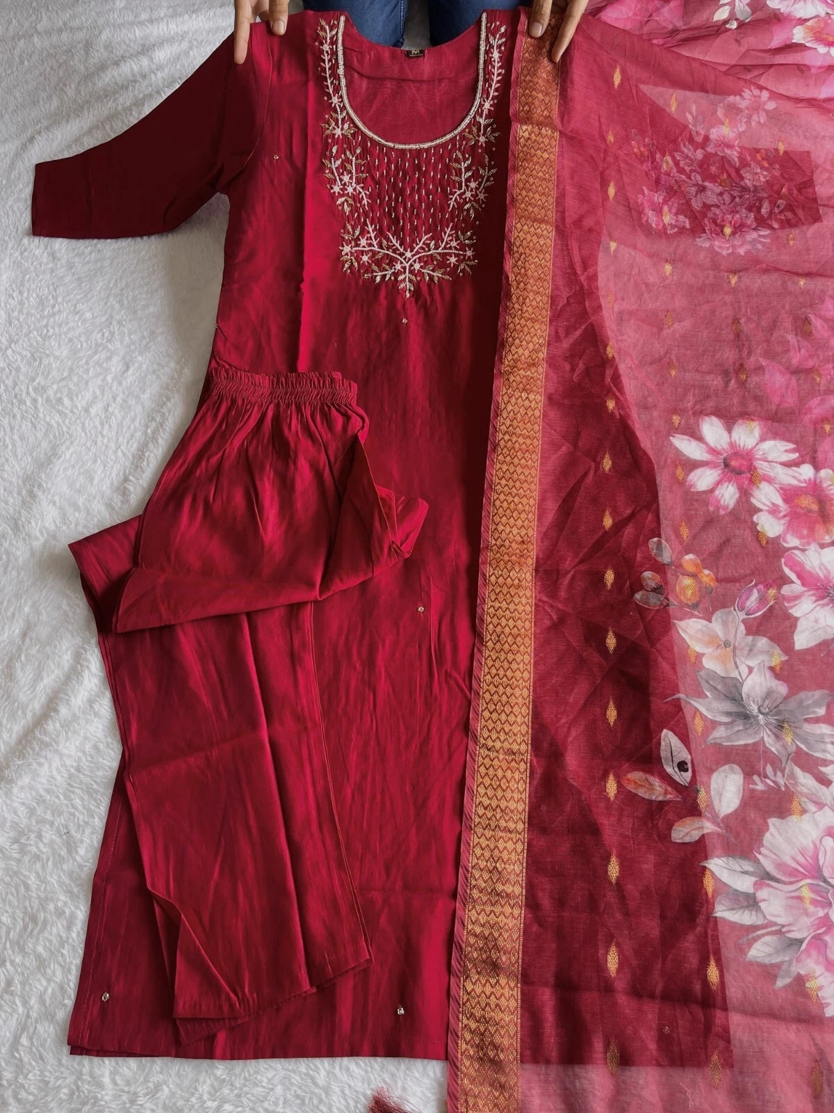 Premium Roman Silk Designers Kurti Pent Dupatta Set