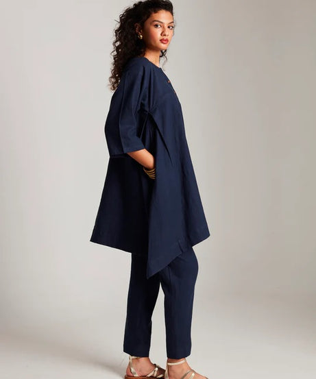 Navy Co-Linen High Low Kurta Set