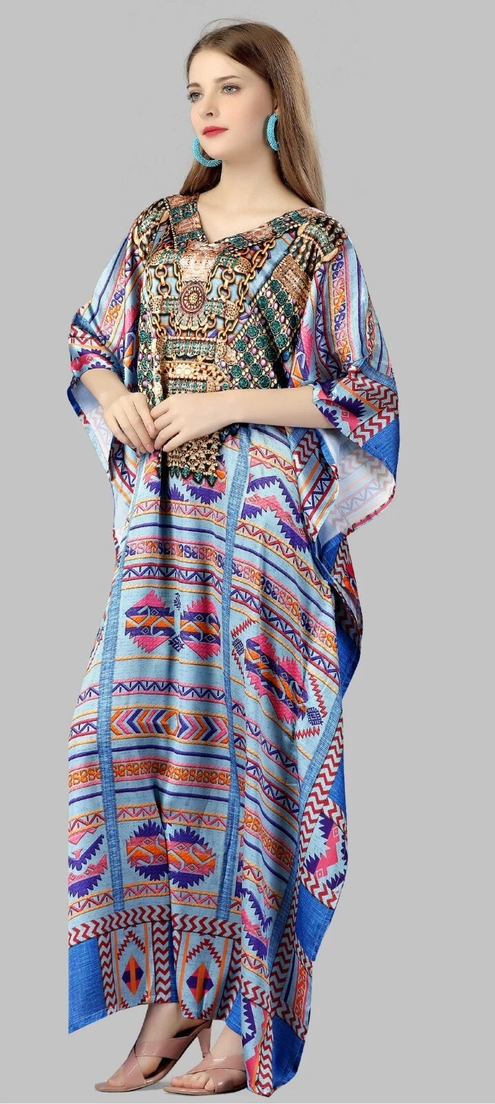 Smooth Satin V-Neck Half Sleeve Kaftan For Women,Birthday Party Wear for Ladies