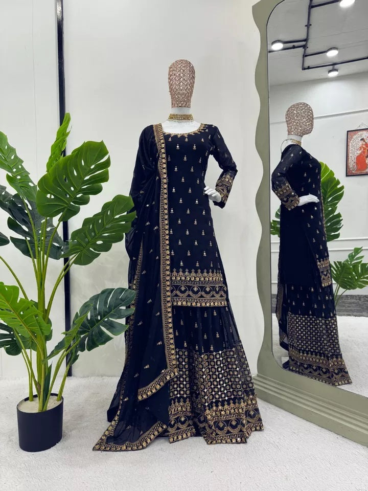 Faux Georgette With Thread & 9MM Sequence Work Top Palazzo & Duppata