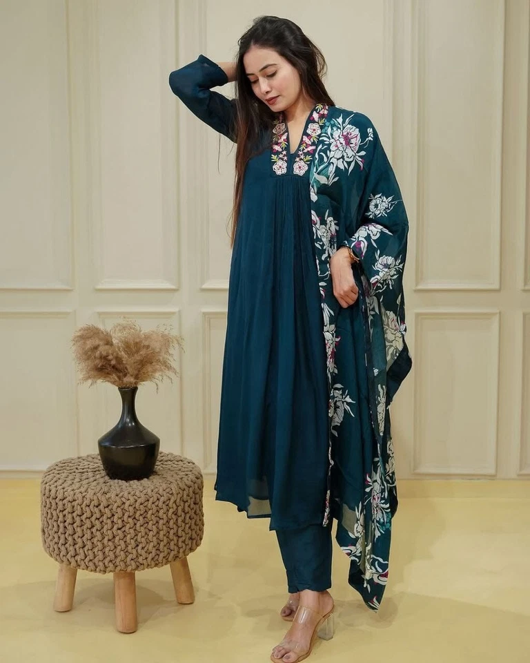 Chinon & Embroidery Work Kurti Bottom With Dupatta Set 12-BS