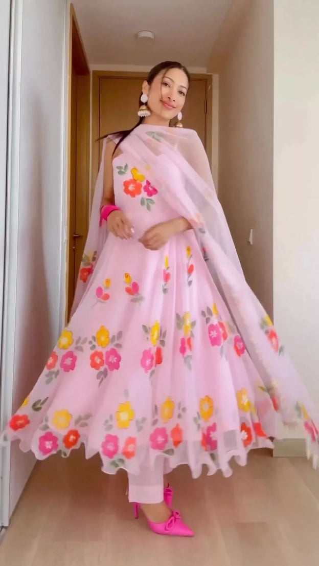 Silk Organza Stitched Beautiful Classic Anarkali Top Pant & Dupatta