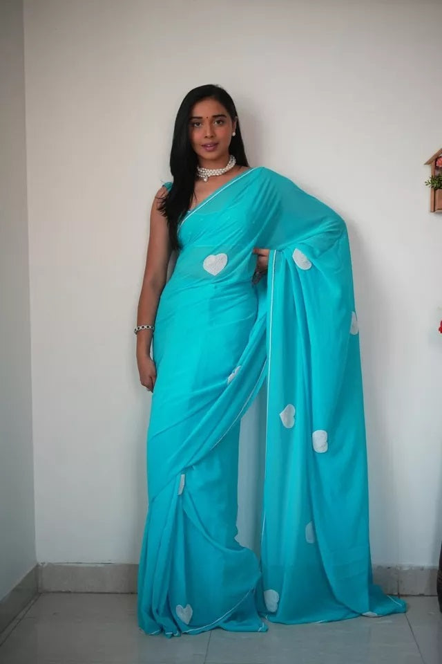 Georgette Embroidery Work Ready To Wear Sari With Blouse