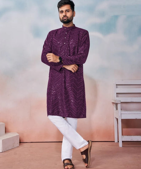 Heavy Rayon Chikan Work Kurta Pajama Set For Men's