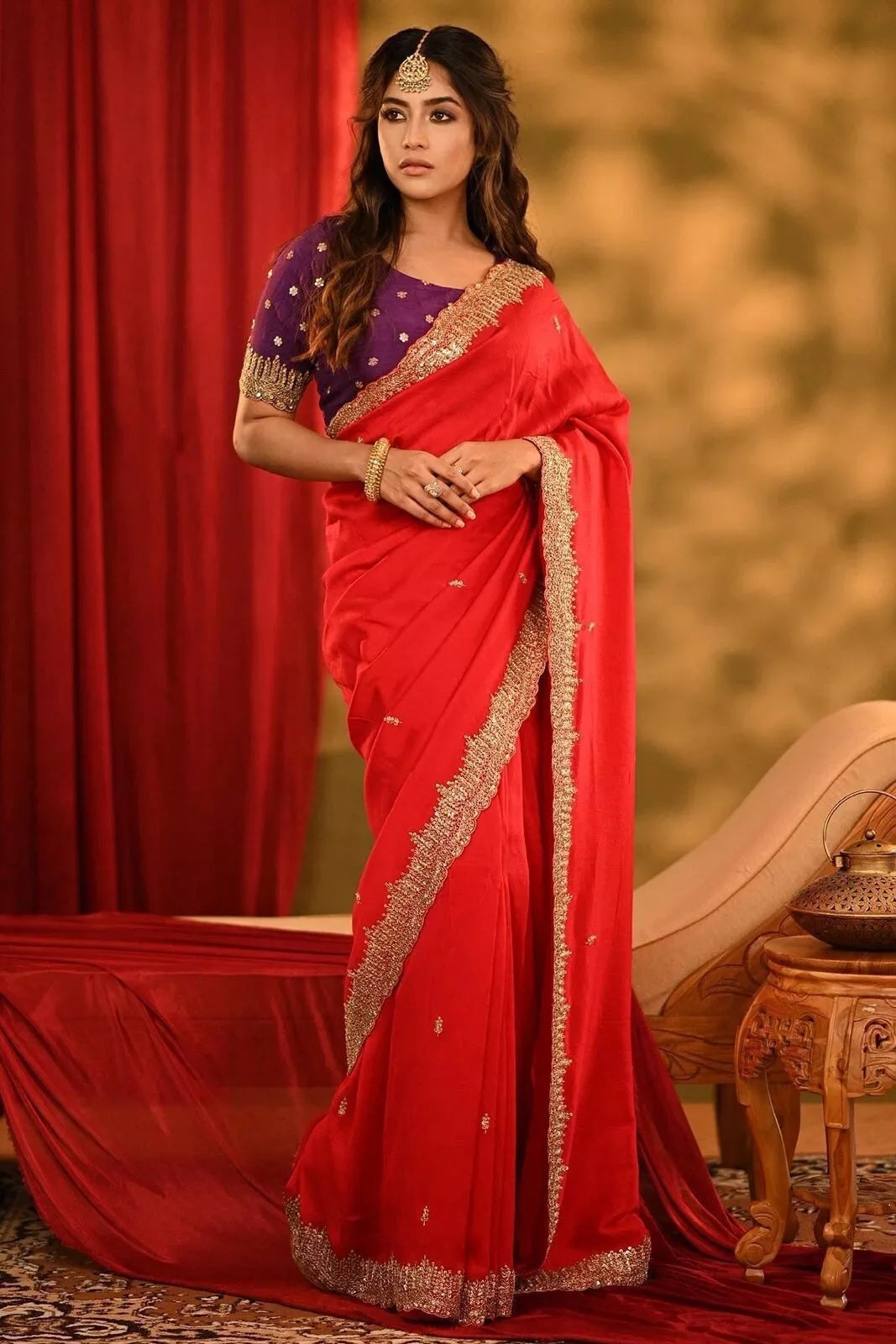 Rich Soft Georgette Fabric With Golden Tunic Sequence Work Saree With Blouse