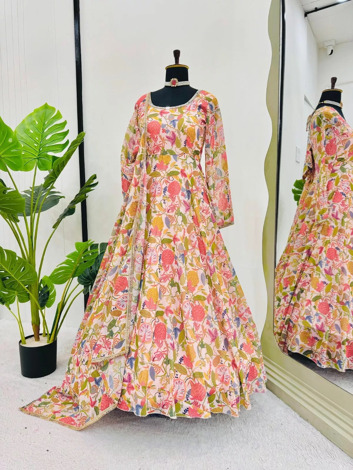 Georgette With Inner  Digital Print Mirror Work Anarkali Suit & Dupatta