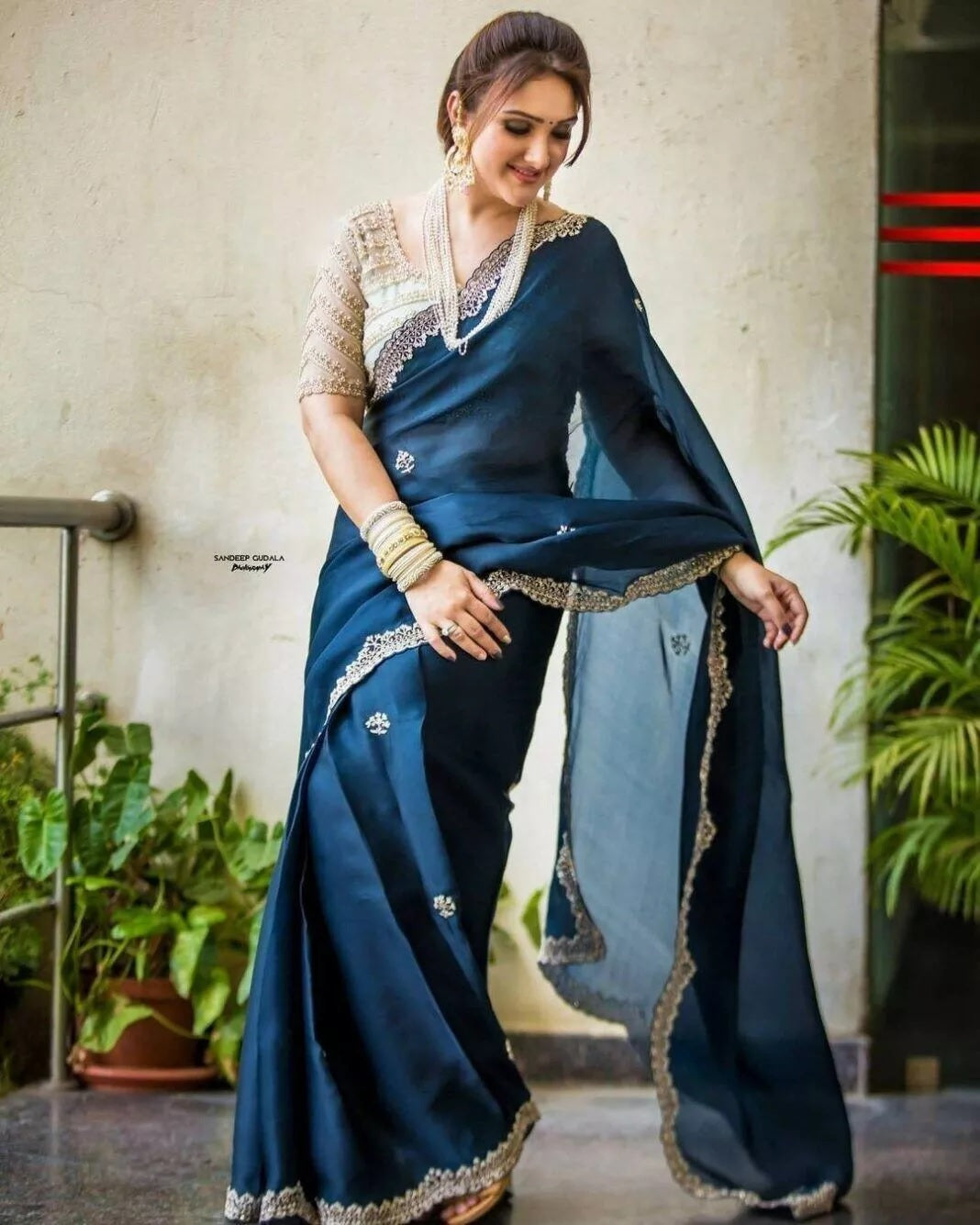 Georgette Saree With Stitched Blouse,Wedding Style Sari & Blouse