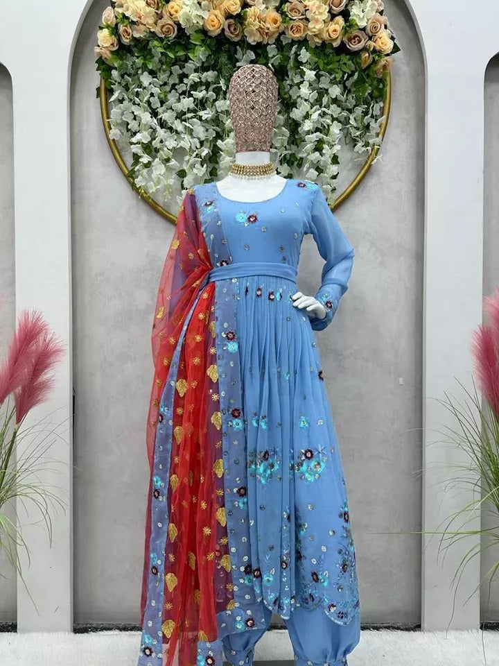 Faux Georgette With Sequence Work Top Afghani With Dupatta