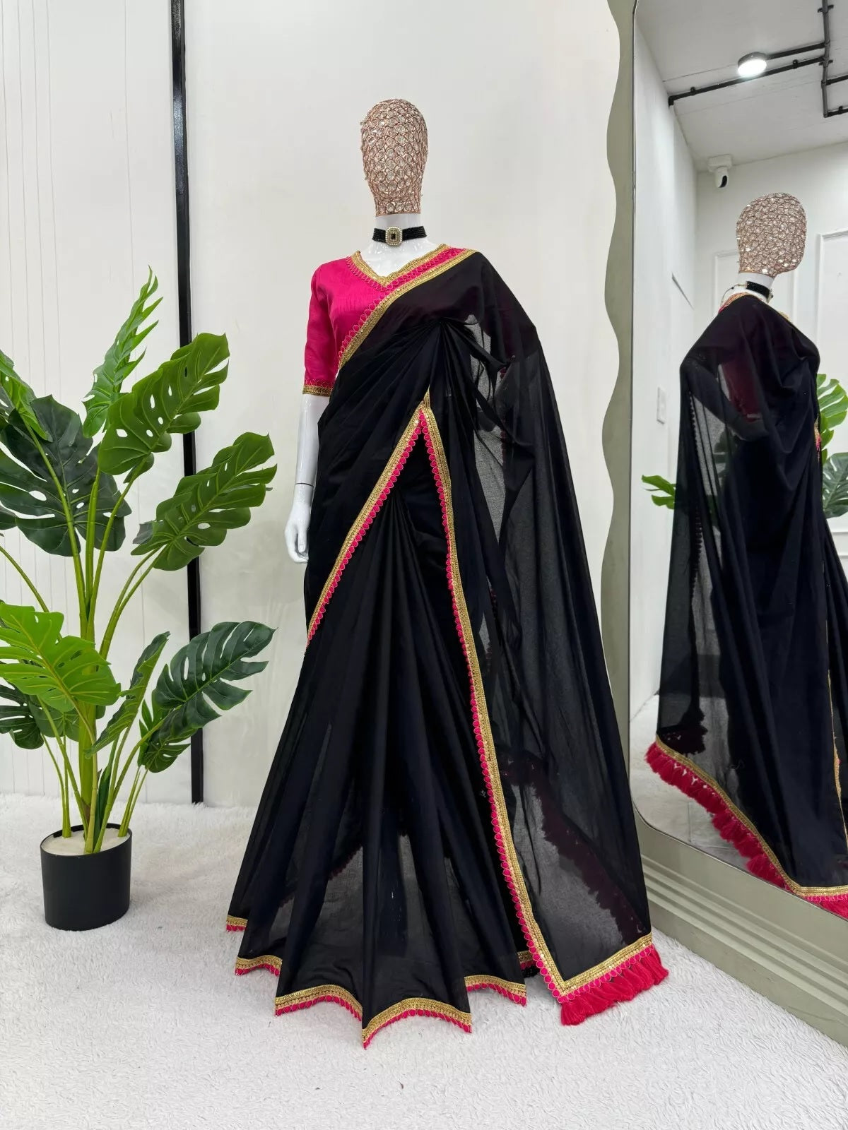 Cotton Saree With Blouse, Wedding Sari With Heavy Latkan On Pallu