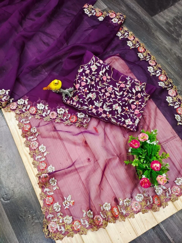 Organza Silk,Sequince & Zari Thread Designer Party Wear Saree & Blouse 11-RV