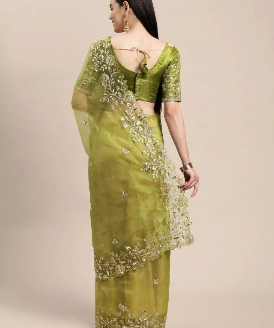 Light Green Soft Organza With All Over Embroidery Work  Sari & Blouse