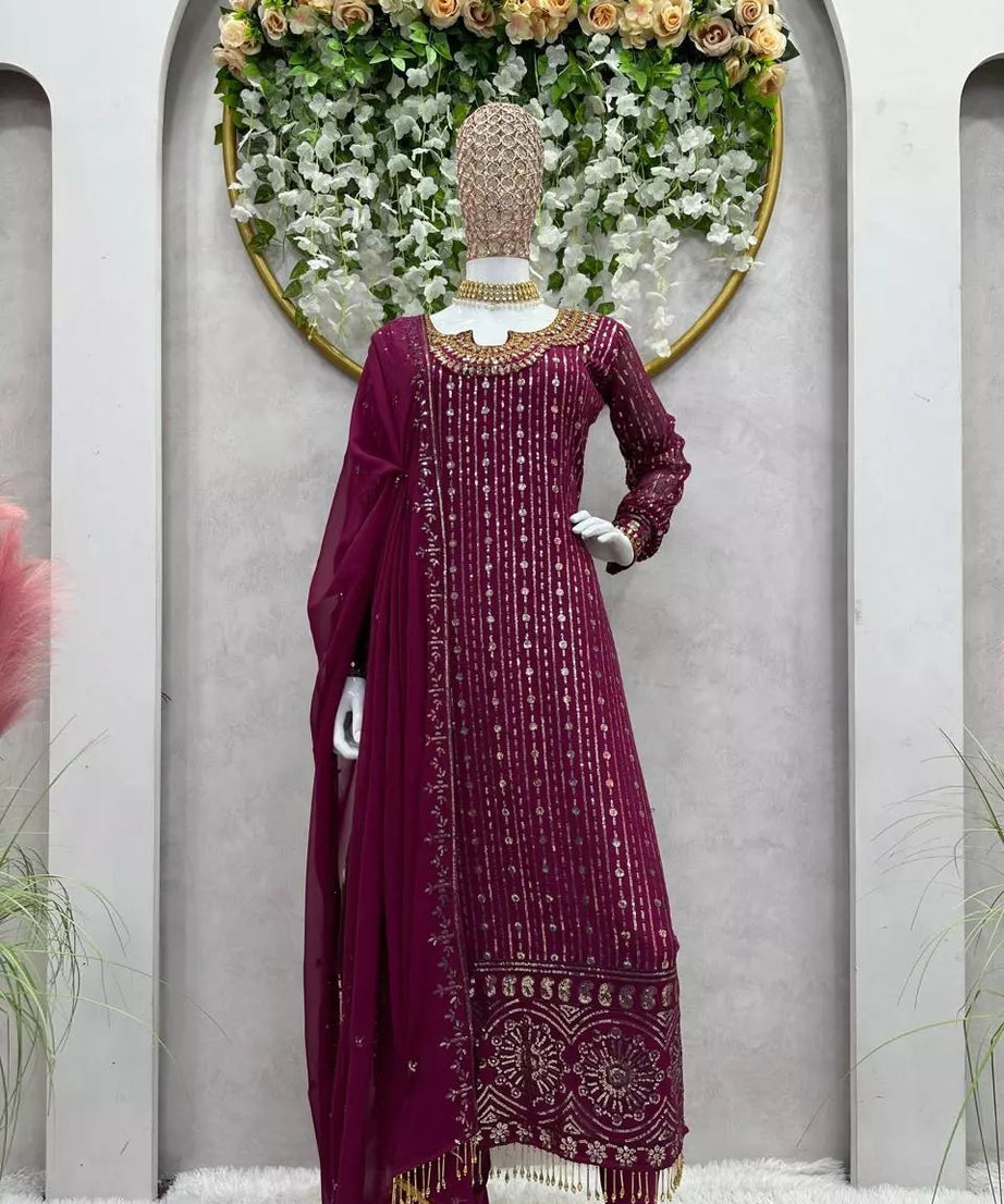 Georgette Function Style Top Pant With Dupatta Set