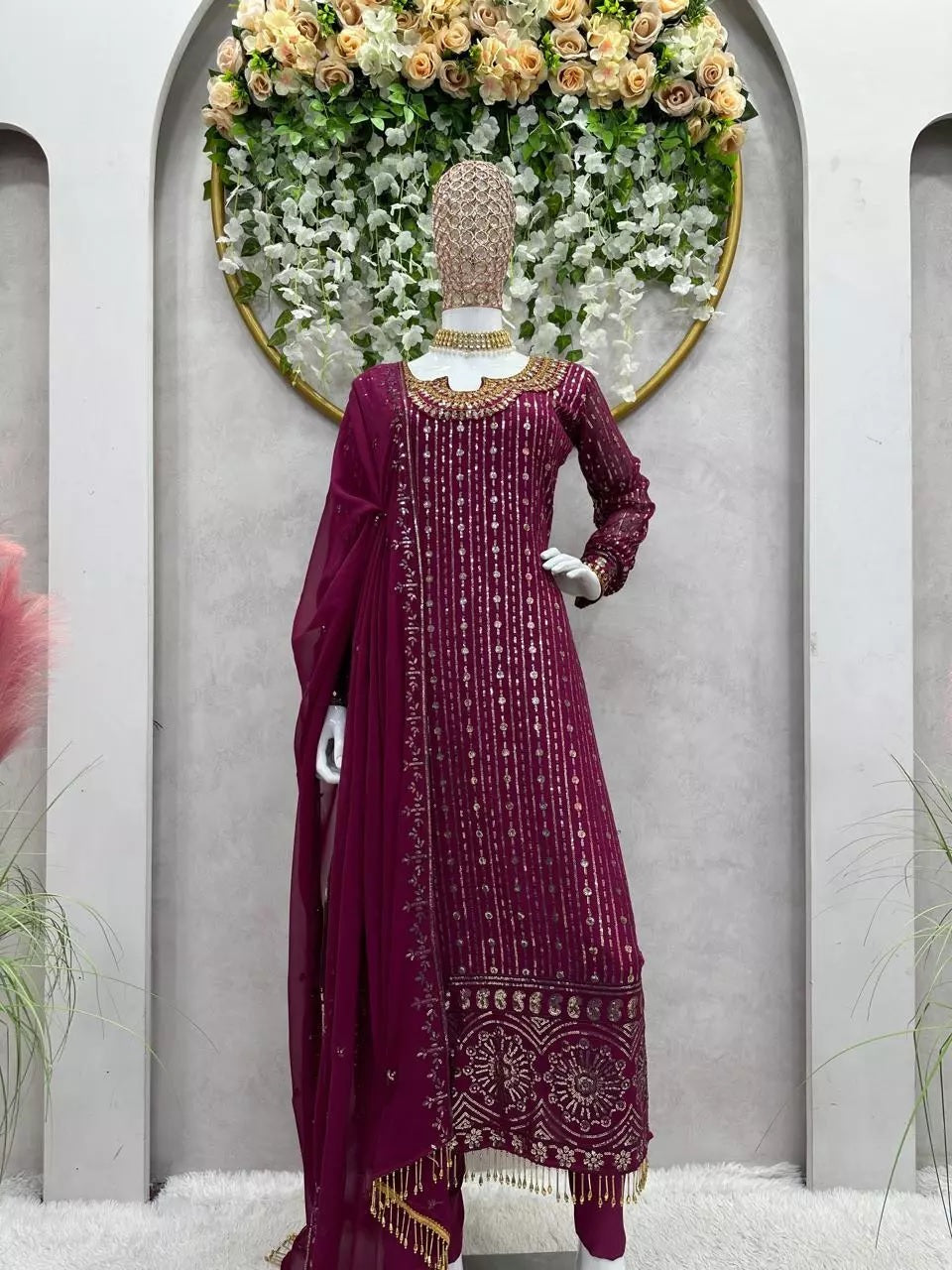 Georgette Function Style Top Pant With Dupatta Set
