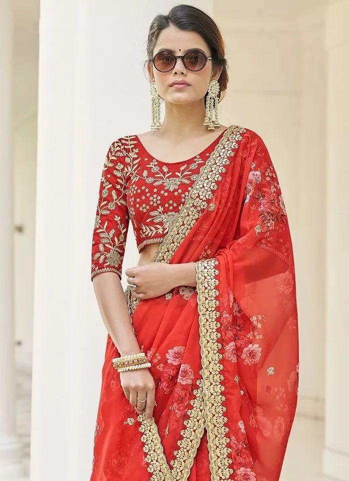 Soft Vichitra Silk Embroidery Sequence Work Saree With Blouse