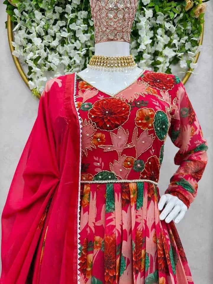 Bollywood FullStitched Faux Georgette Long Anarkali Top Pant Dupatta