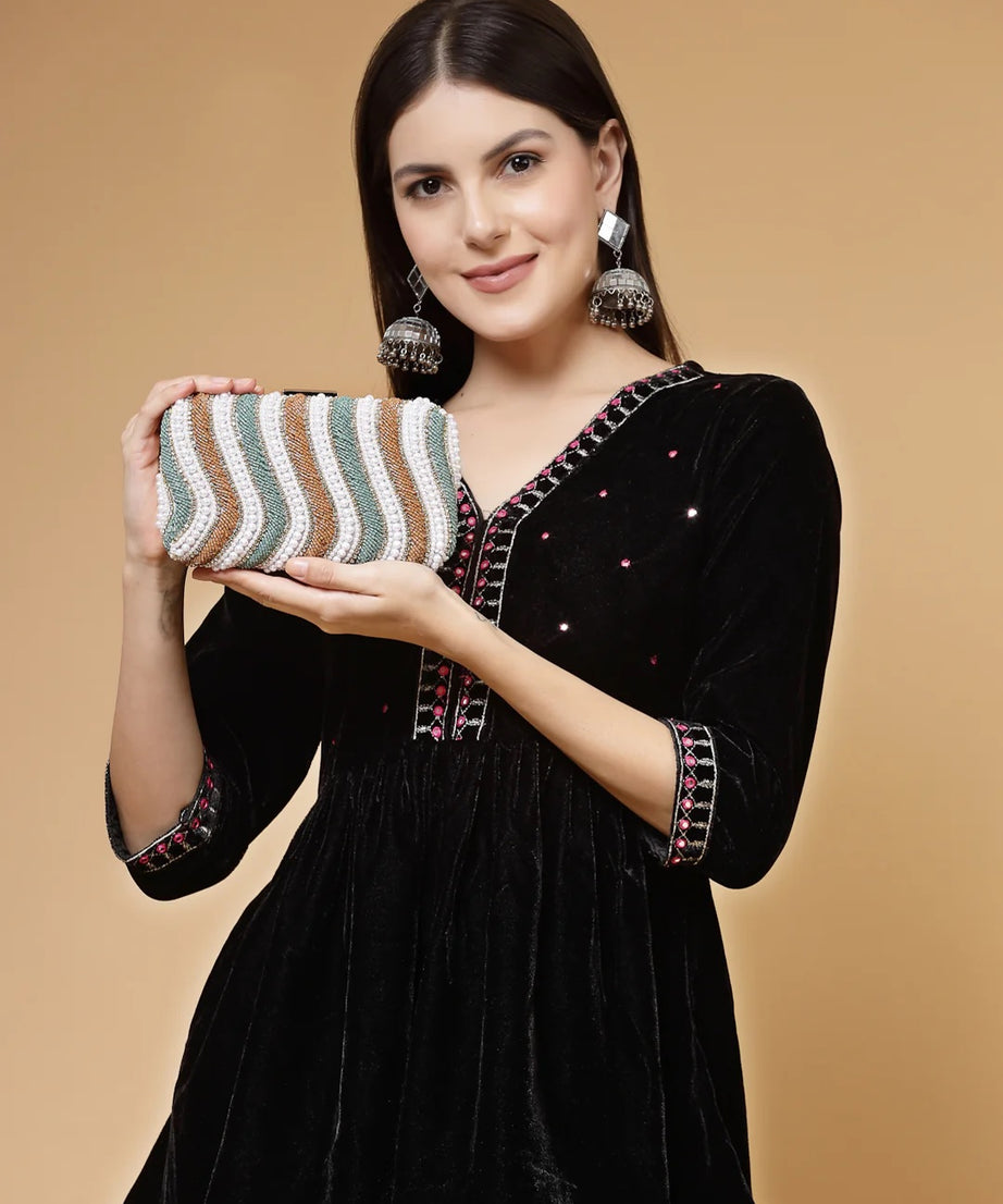 Adorn Wave Embellished Faux Silk Clutch