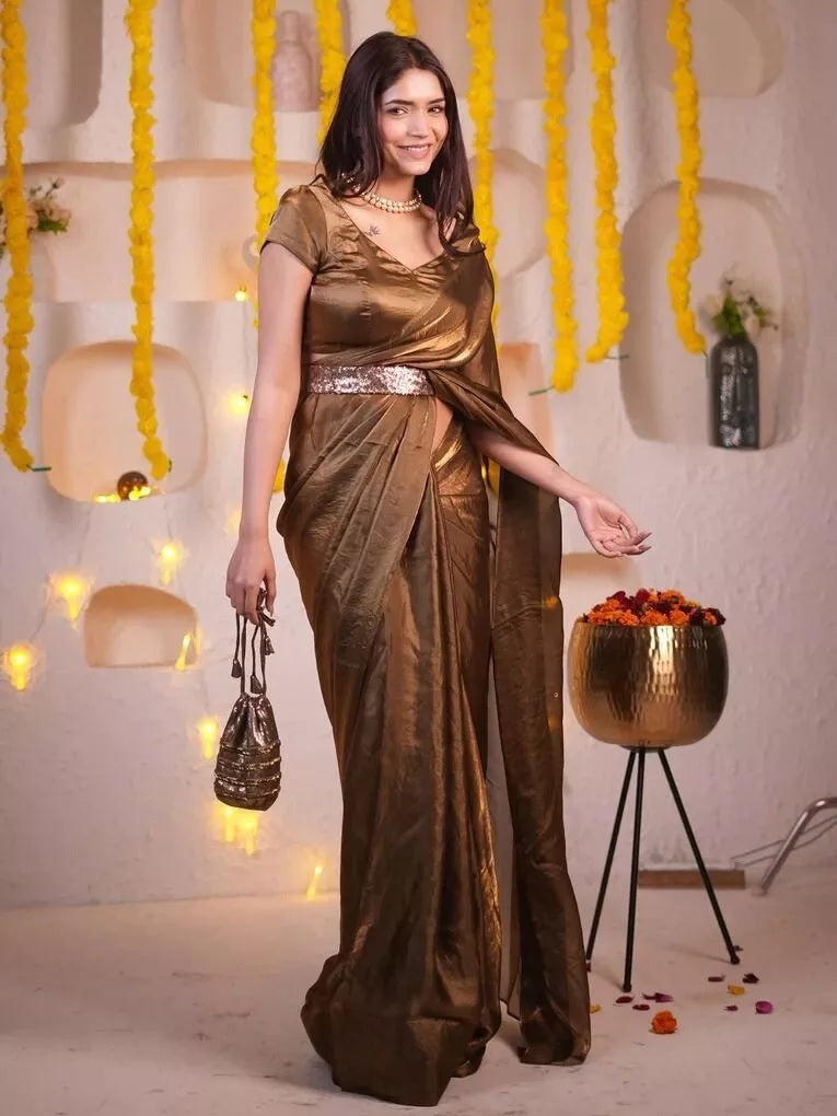 Golden Shaded Soft Shining Saree, Classic Sari With Stitched Blouse