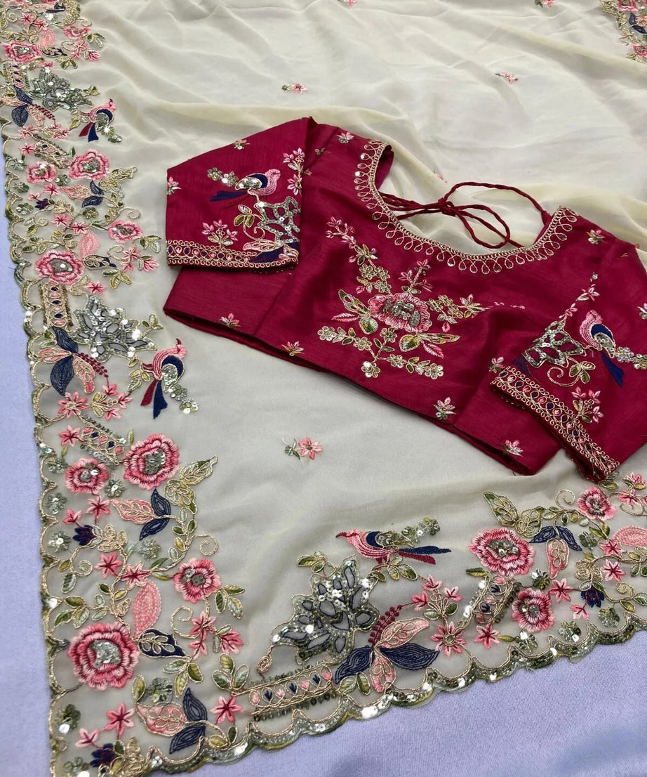 Georgette With Embroidery Work  Designer Sari & Blouse