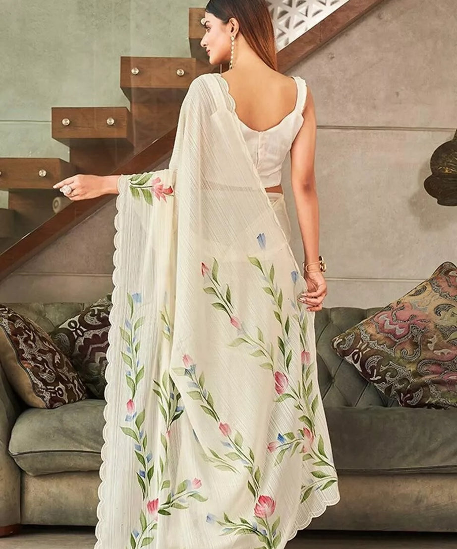 Indian Ethnic Wear Moss Chiffon Saree With Blouse, Traditional Sari