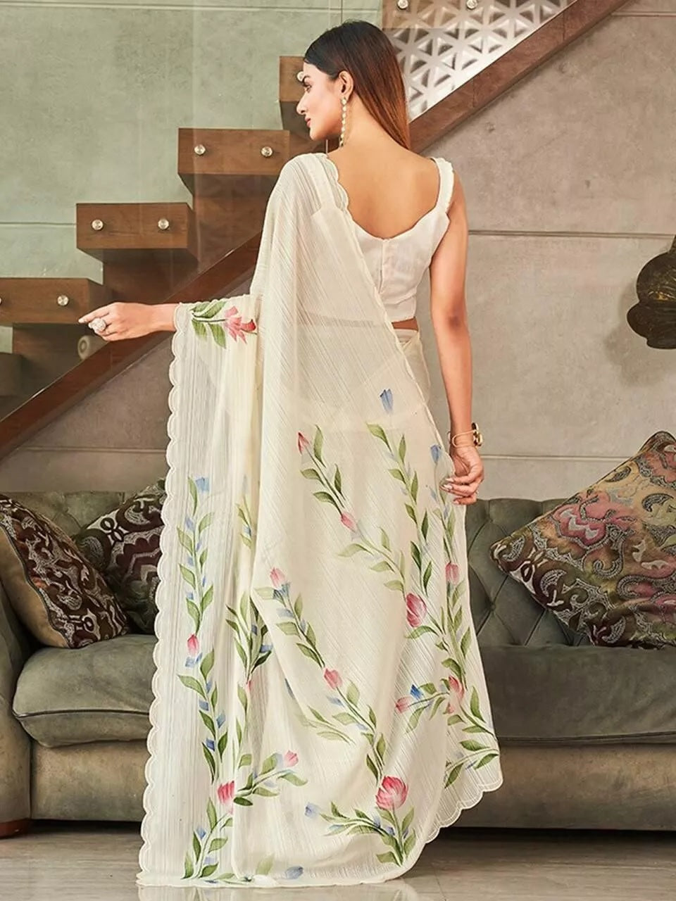 Indian Ethnic Wear Moss Chiffon Saree With Blouse, Traditional Sari